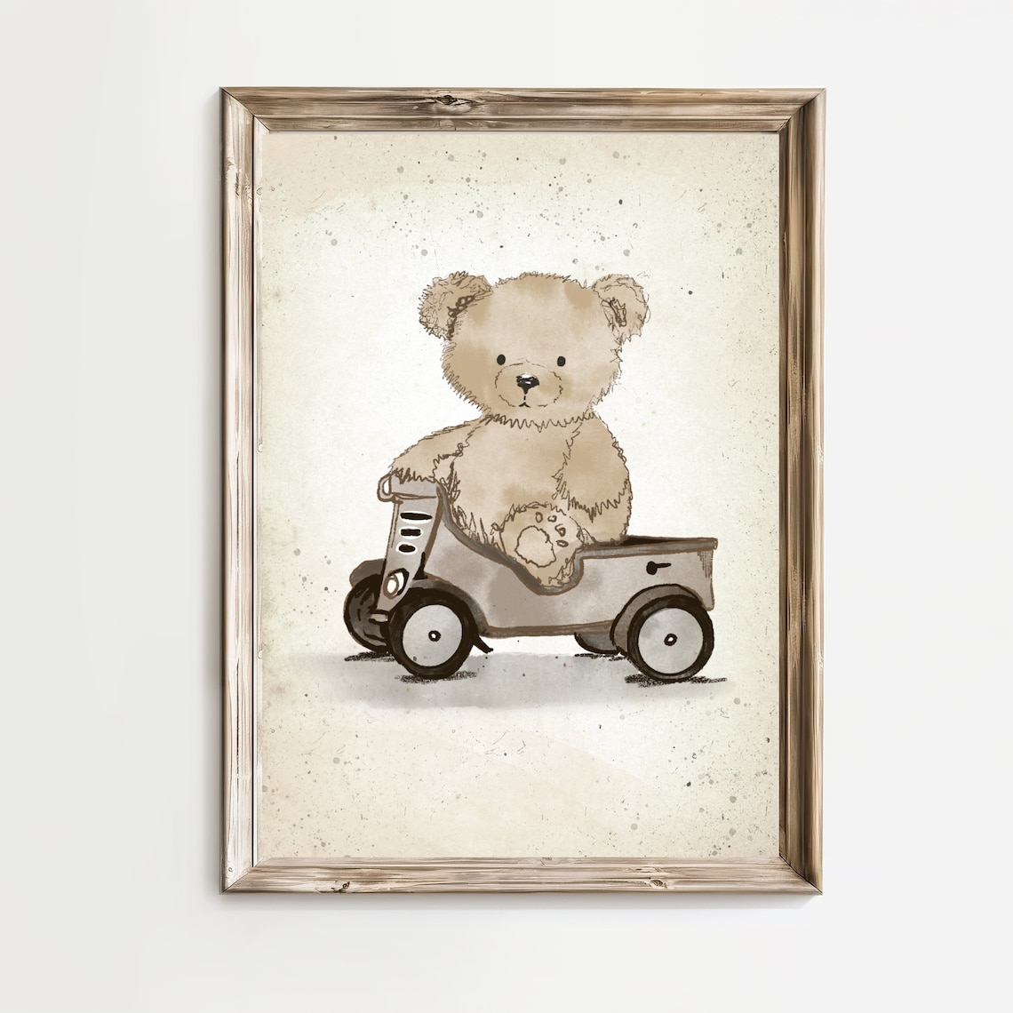 Teddy Bear Driving Vintage Car Sketch Nursery Toy Art Poster