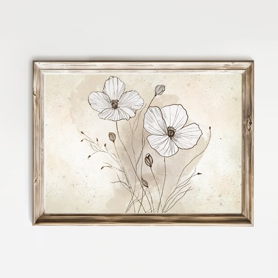 White Poppies in Sepia Ink Botanical Sketch Vintage Art Poster