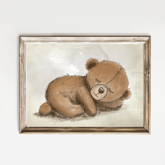 Sleeping Teddy Bear Watercolor Vintage Nursery Baby Room Poster