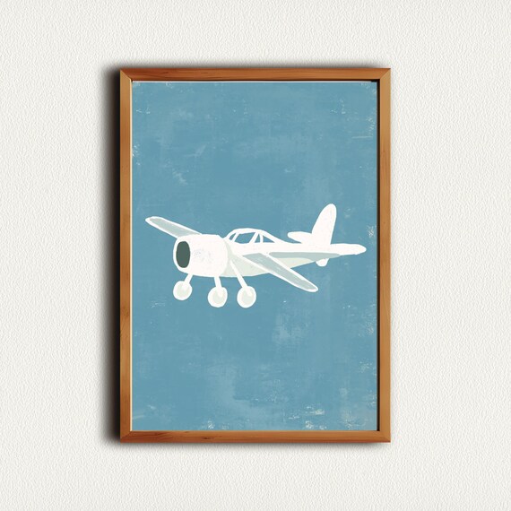Vintage White Propeller Airplane Flying on Blue Nursery Poster
