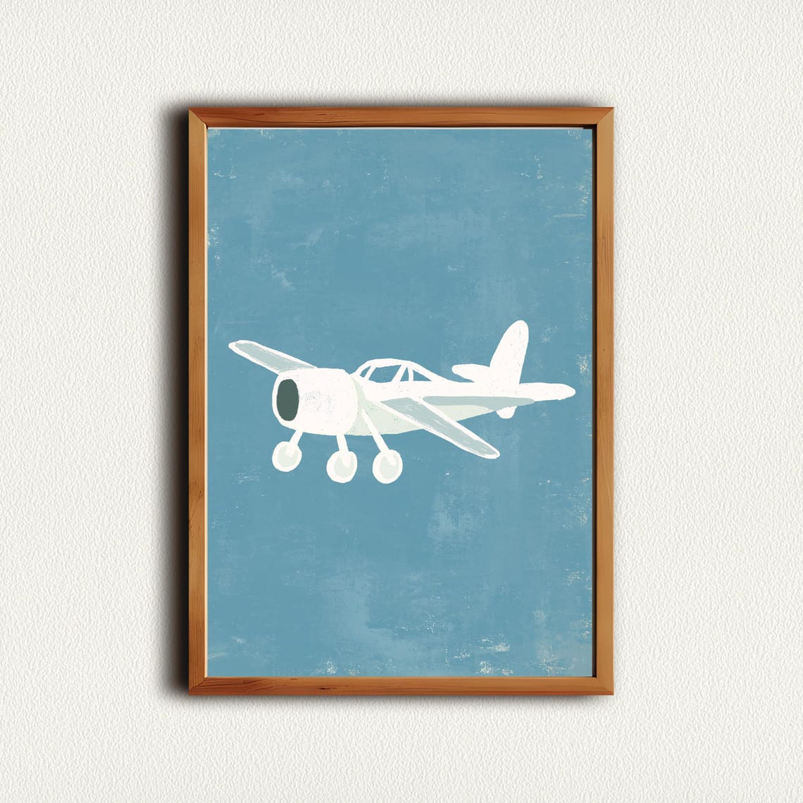 Vintage White Propeller Airplane Flying on Blue Nursery Poster