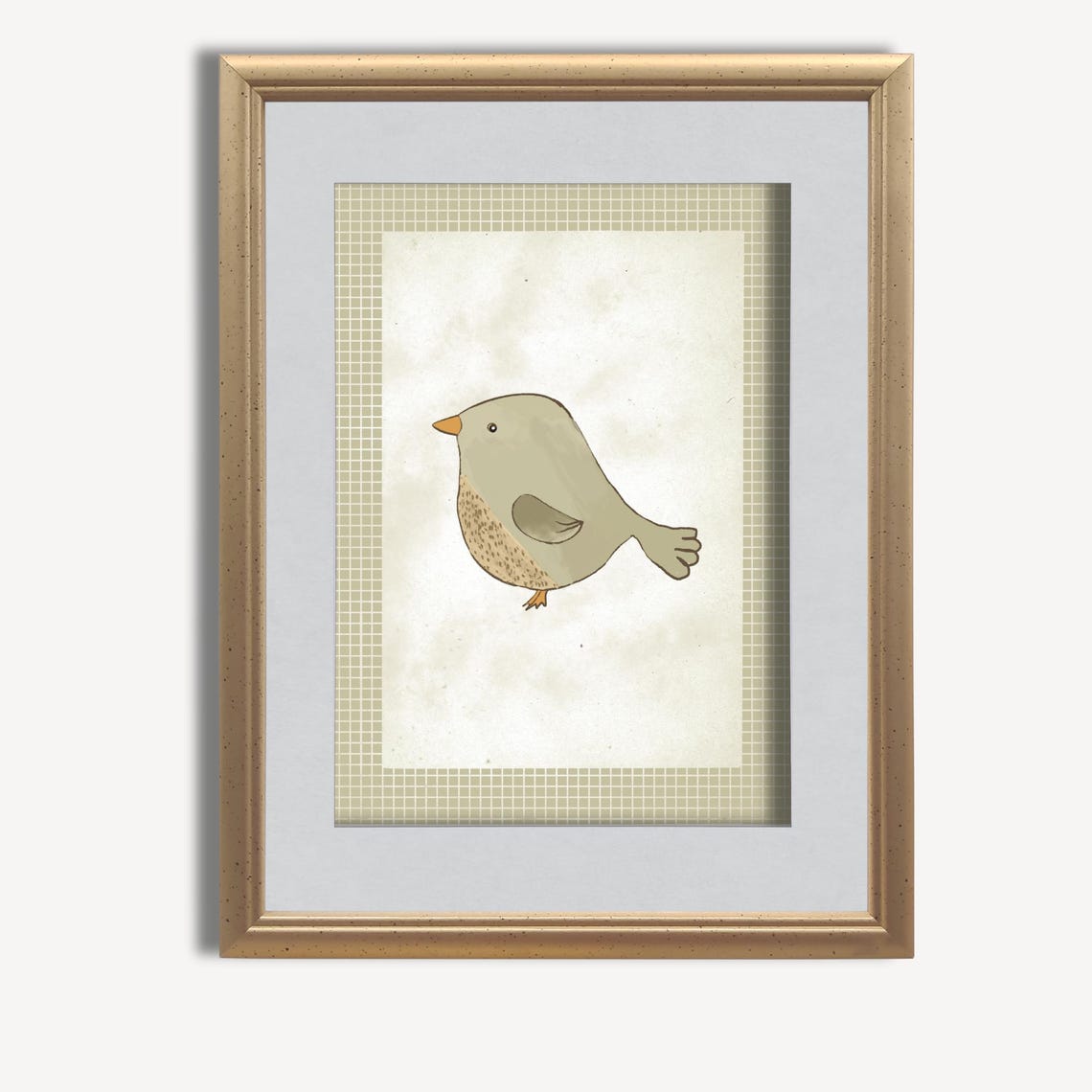 Little Grey Bird In Grid Frame Nursery Sketch Wall Art Piece