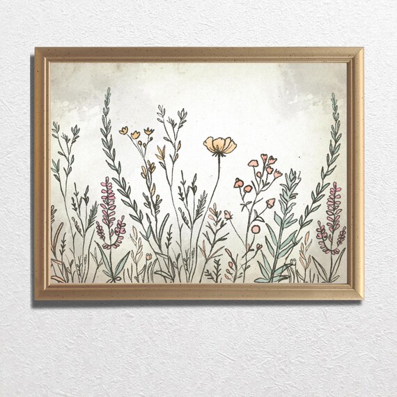 Pink Wildflower Meadow in Vintage Botanical Sketch Art Print