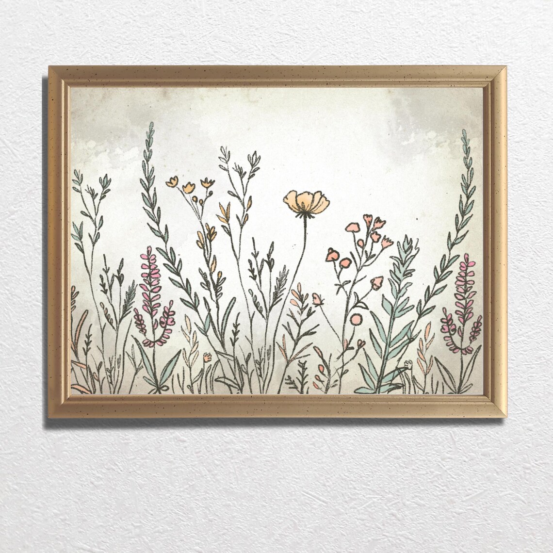 Pink Wildflower Meadow in Vintage Botanical Sketch Art Print