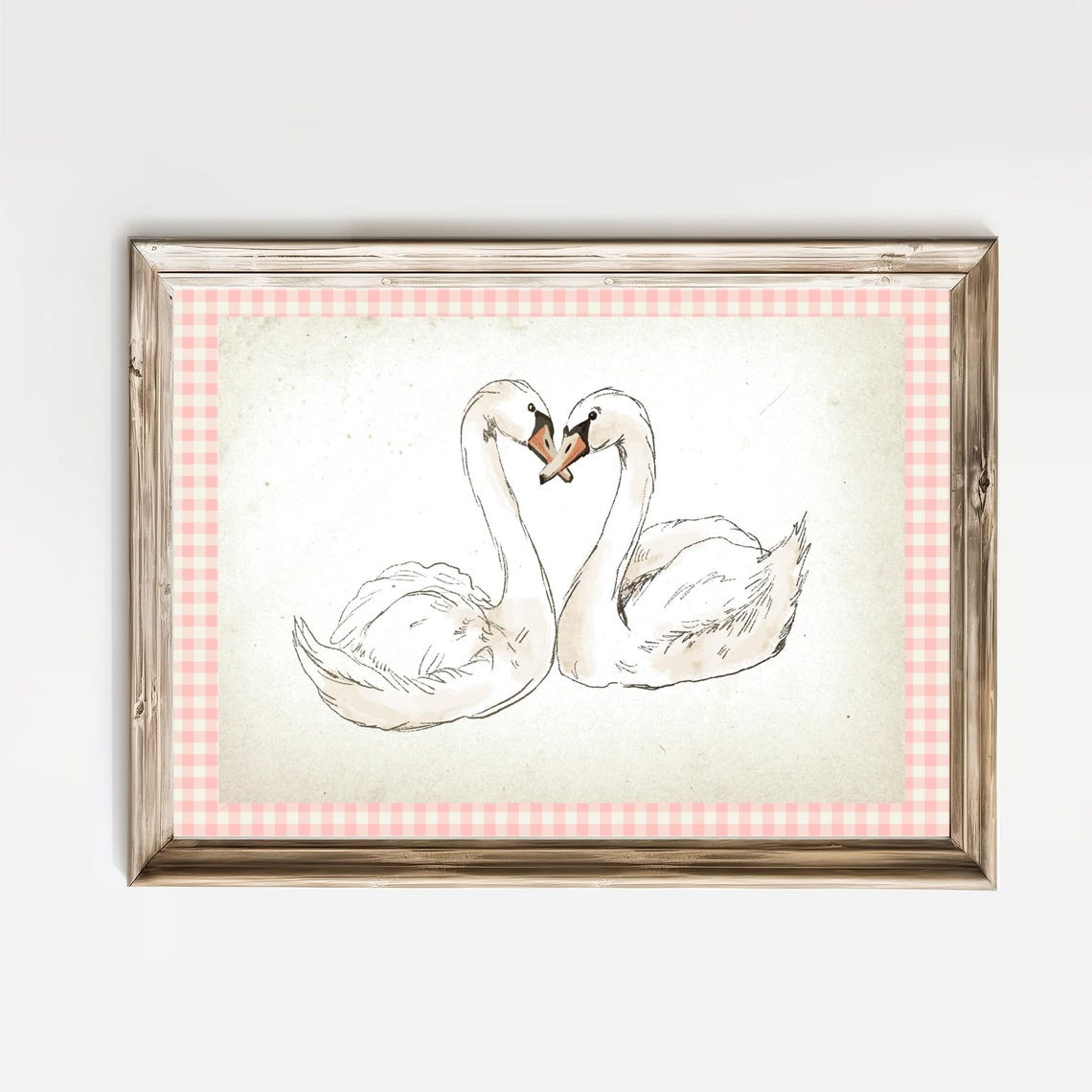 Swans Forming Heart Pink Gingham Border Romantic Decor Art Print