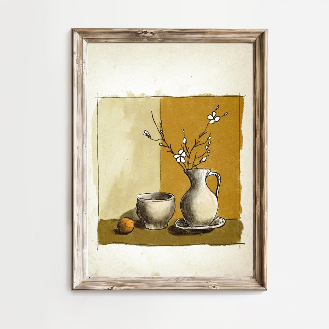 Antique Still Life Jug Blossom Branches Pot Orange Sepia Wall Art