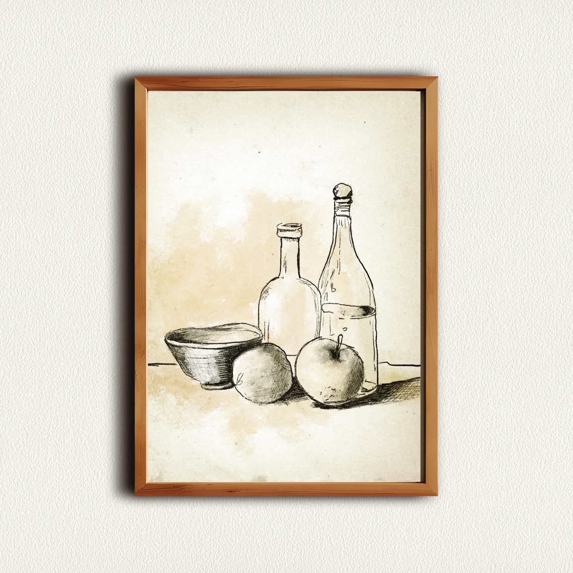 Vintage Still Life Ink Sketch Two Bottles Bowl Apples Kitchen Print - Image 3