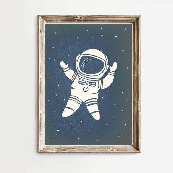 Vintage White Astronaut Floating in Space Nursery Art Poster