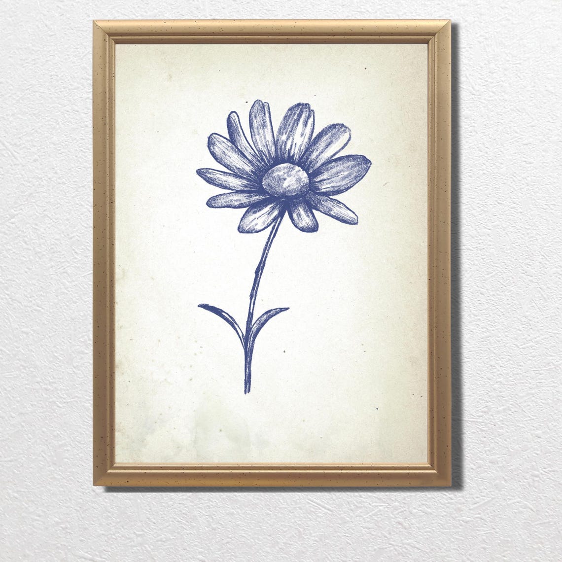 White Daisy Bloom in Vintage Blue Botanical Ink Sketch Poster