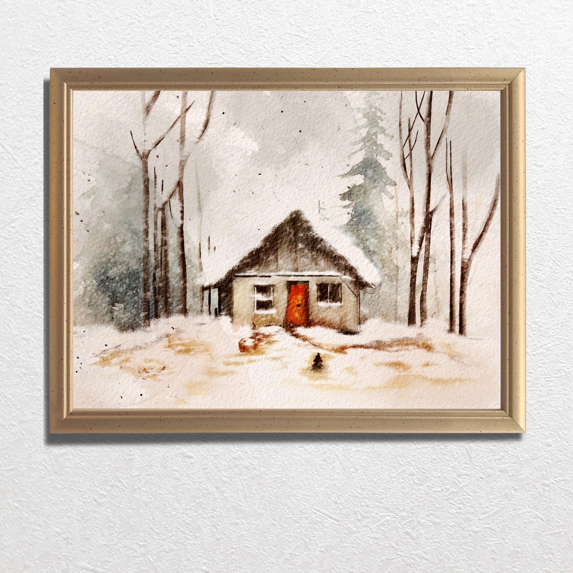 Snow Covered Cabin With Red Door Among Bare Trees Watercolor Poster - Image 3