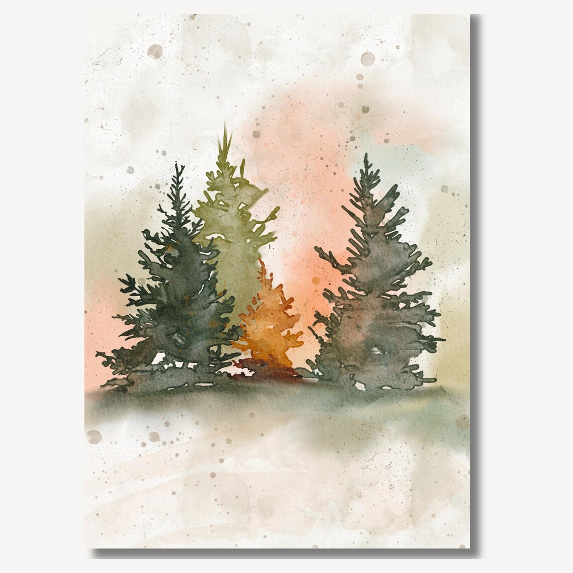 Misty Evergreen Forest Watercolor With Soft Blush Sky Christmas Wall Art - Image 2
