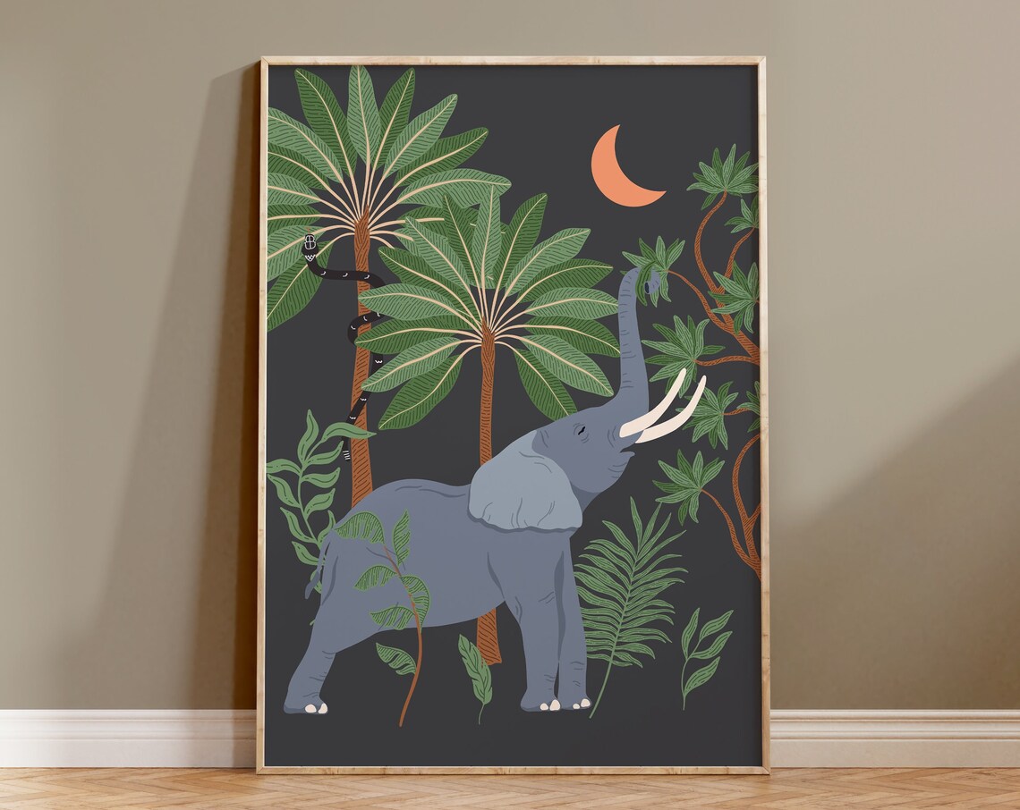Boho Elephant Wall Art, Jungle Night Moon Print