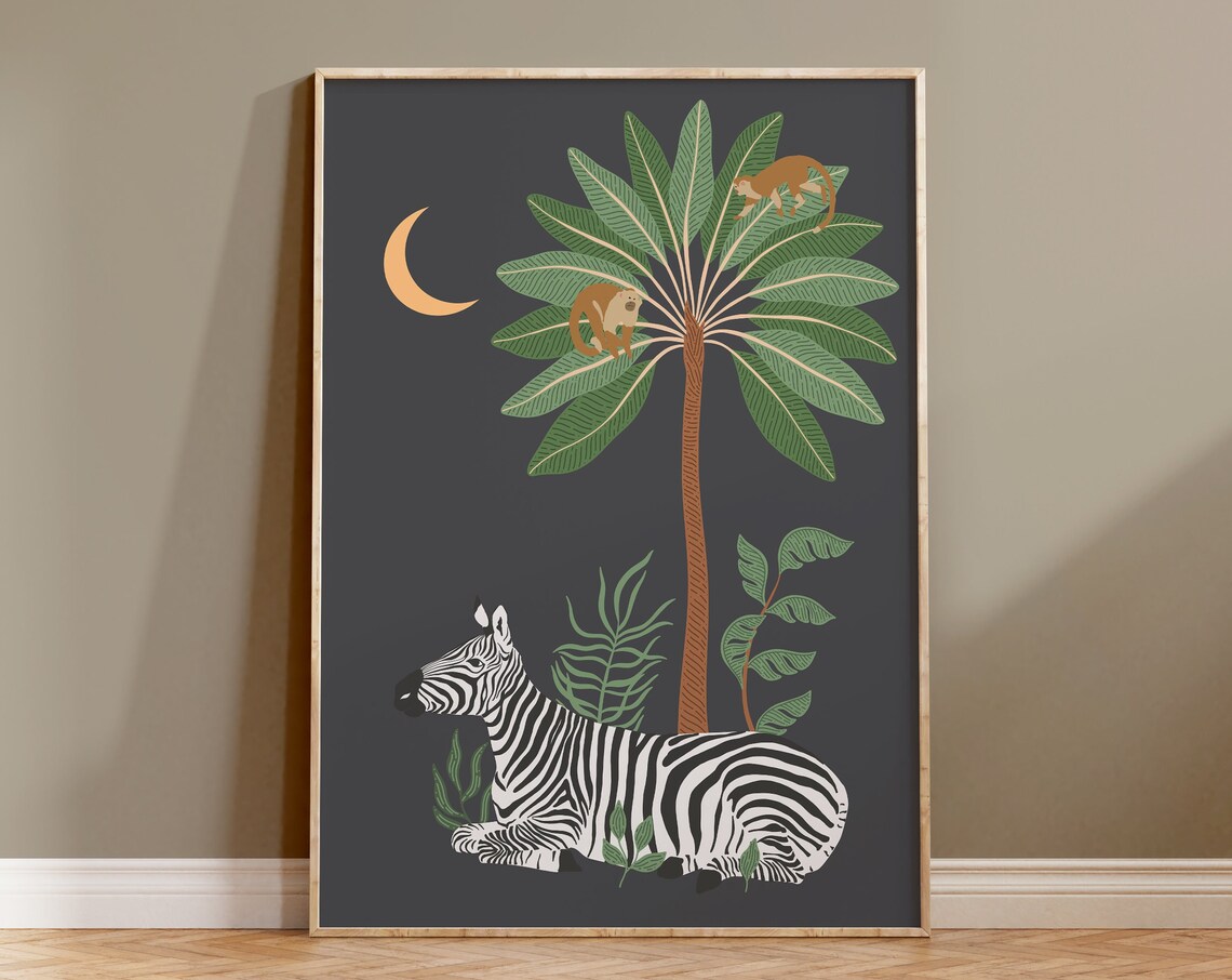 Jungle Zebra and Monkeys Tropical Art Print