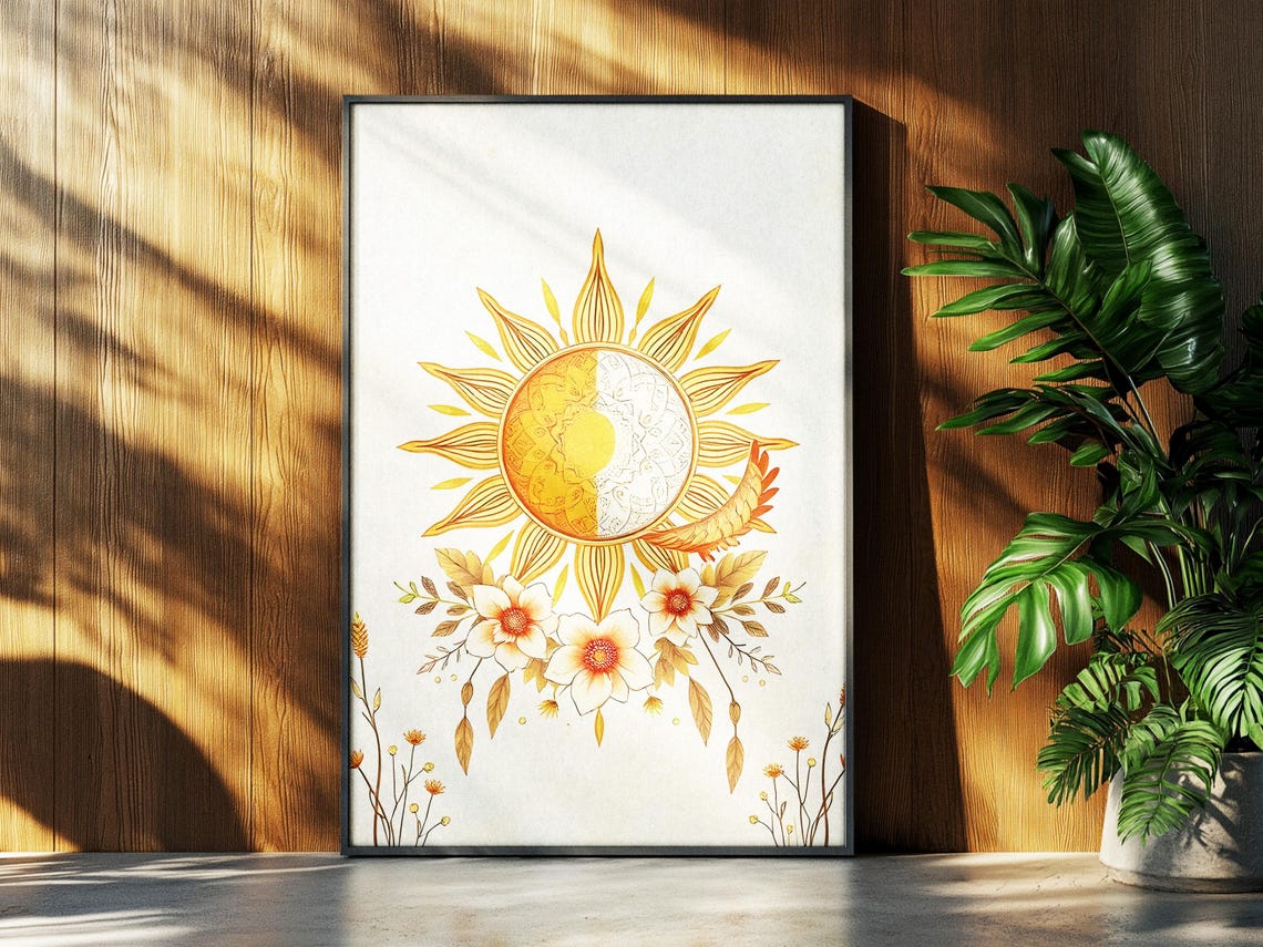 Golden Sun And Moon Celestial Face With Flowers Boho Art Poster