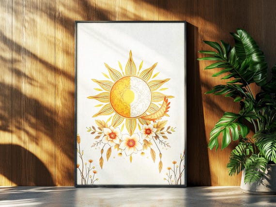 Sun And Moon Celestial Face Print Boho Beige Star Art