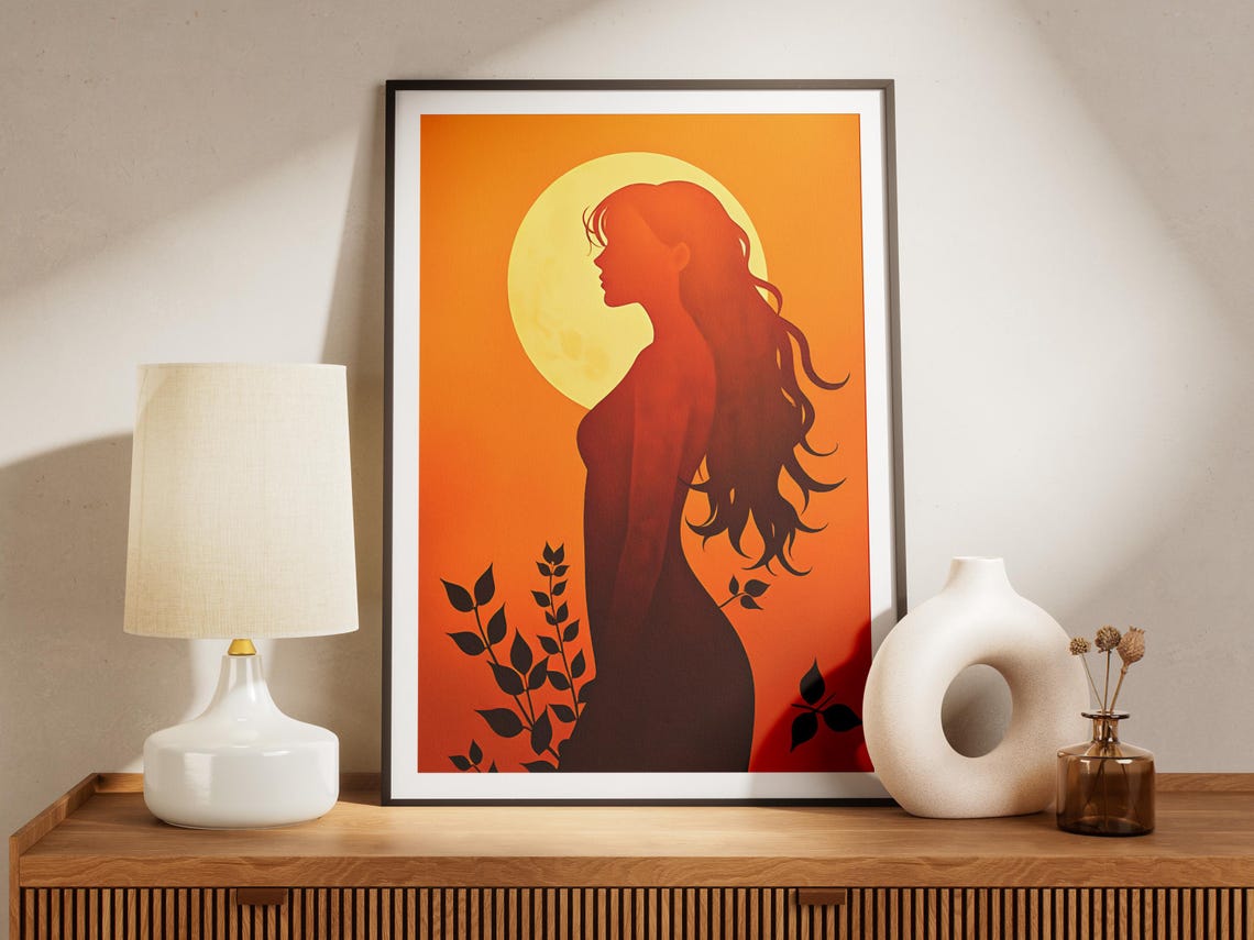 Woman Silhouette Against Orange Sunset Circle Boho Art Poster