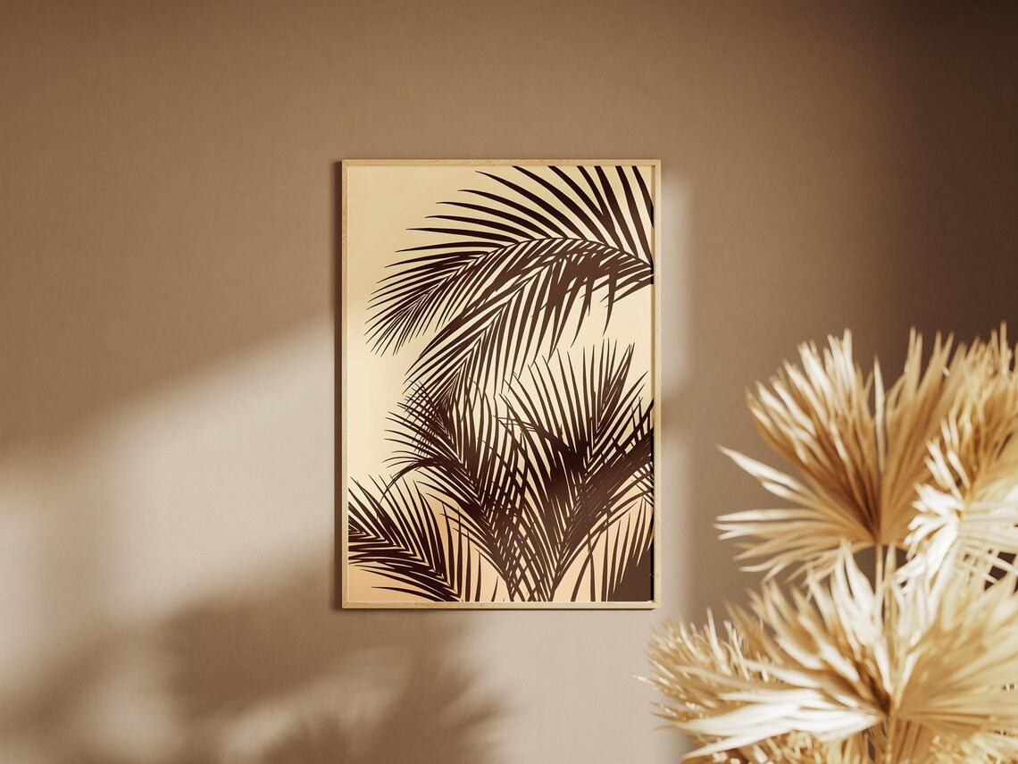 Minimalist Palm Leaf Print Brown Silhouette Beige Botanical Art