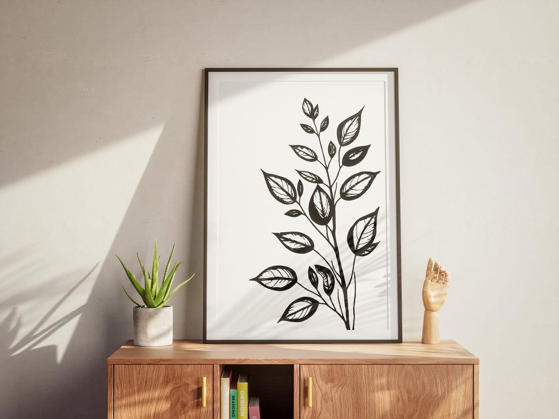 Botanical Leaf Line Art Print Minimalist Black And White Decor