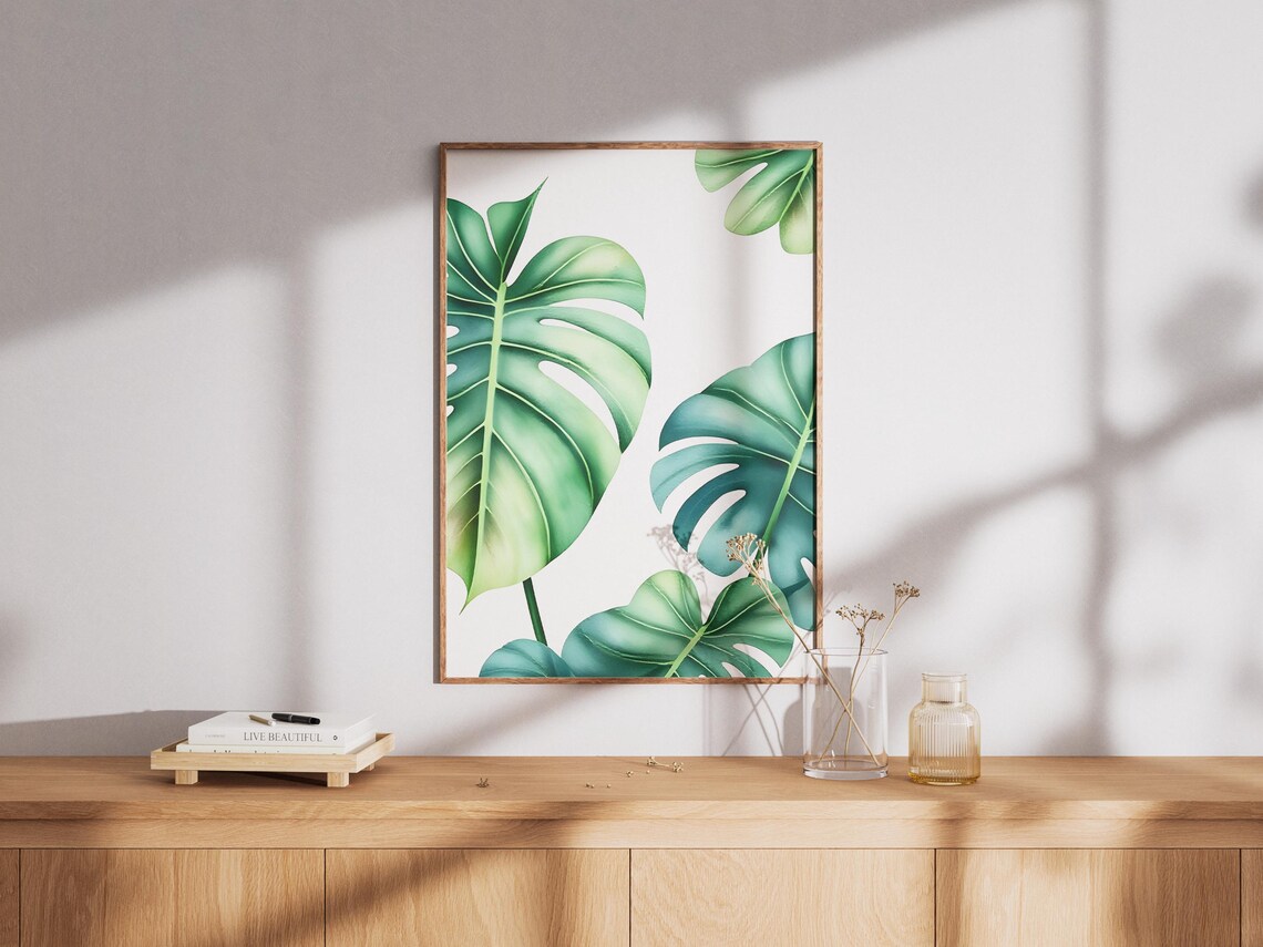 Watercolor Monstera Leaf Print Tropical Green Wall Art