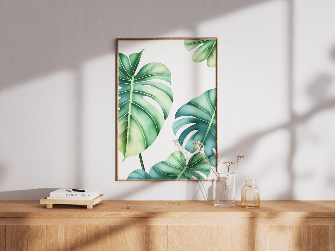 Watercolor Monstera Leaves On White Minimal Tropical Botanical Print