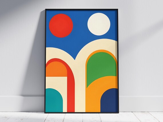 Midcentury Modern Geometric Arches and Circles Blue Art Poster