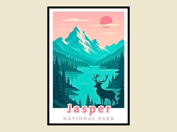 Jasper National Park Framed Poster Canada Travel Art Mountains Lake Deer Landscape Print Home Office Wall Decor Unique Gifts