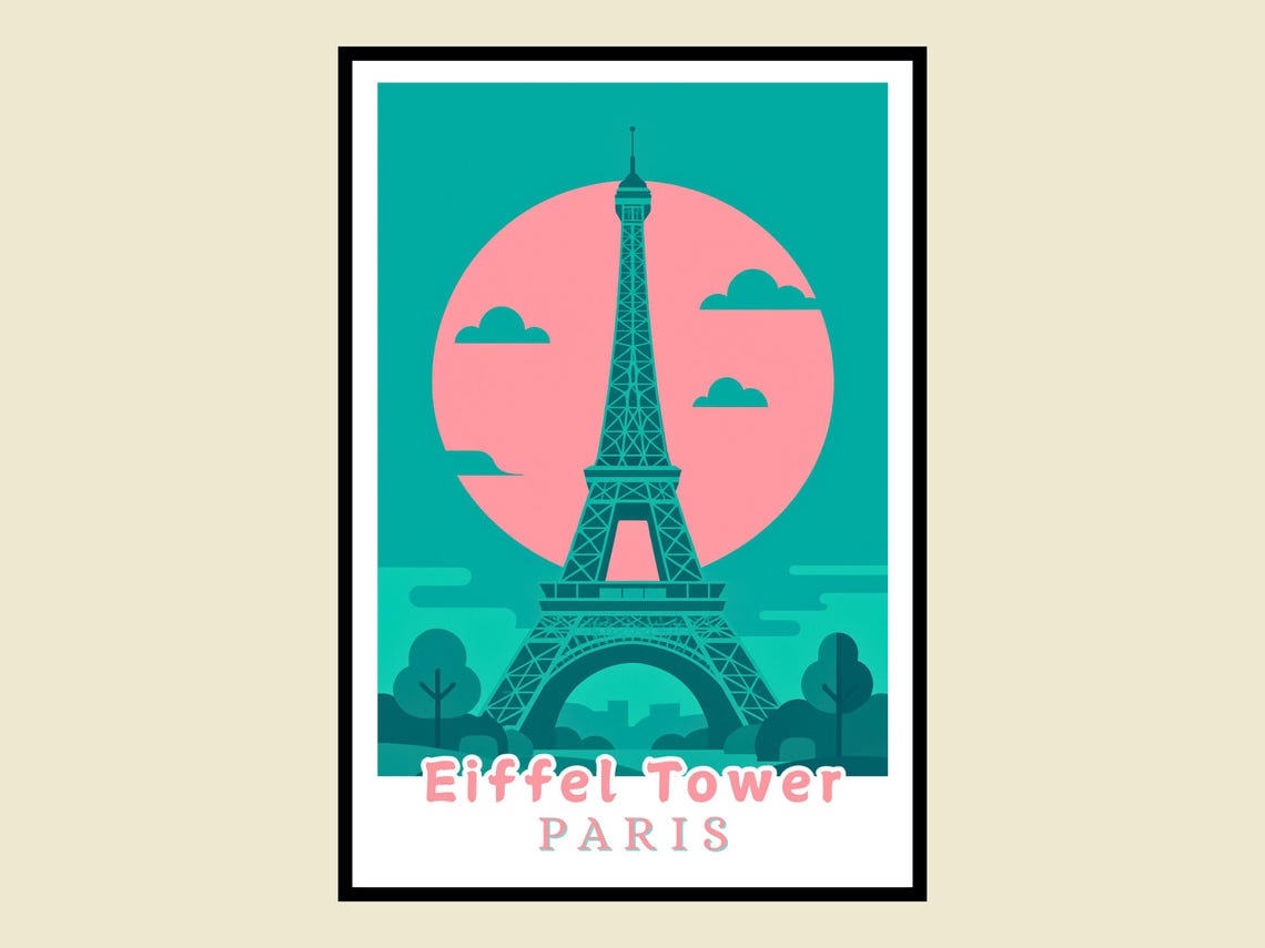 Eiffel Tower Paris Art Poster Retro Teal Pink Cityscape Icon