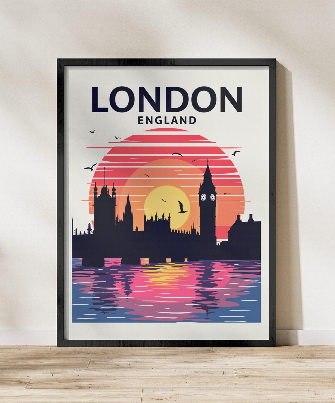 London England Big Ben Sunset Thames Skyline Silhouette Travel Poster - Image 2