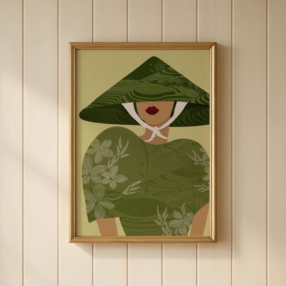 Woman in Conical Hat Green Floral Portrait Illustration Wall Art