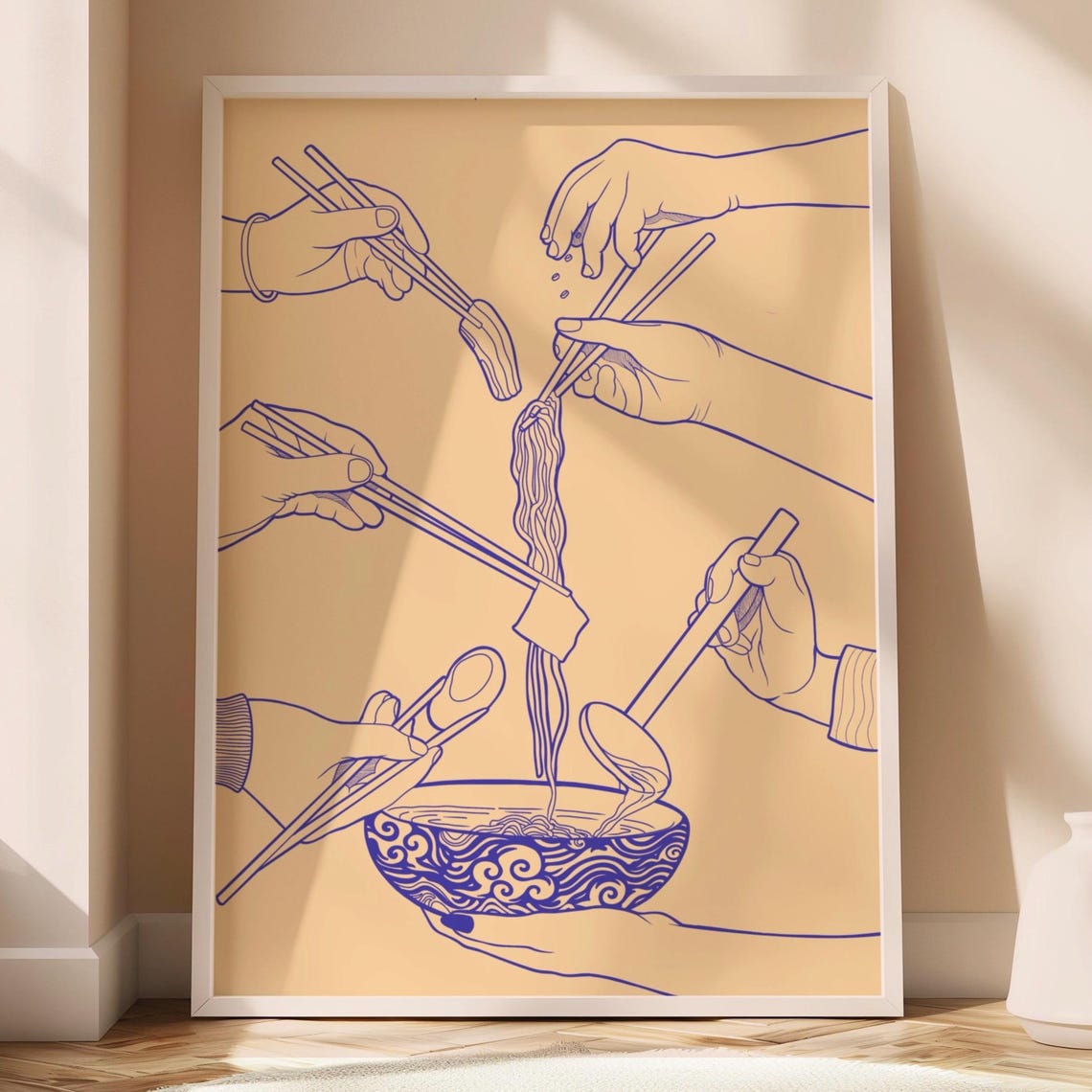 Japanese Ramen Bowl Shared Noodle Chopsticks Blue Line Art Poster