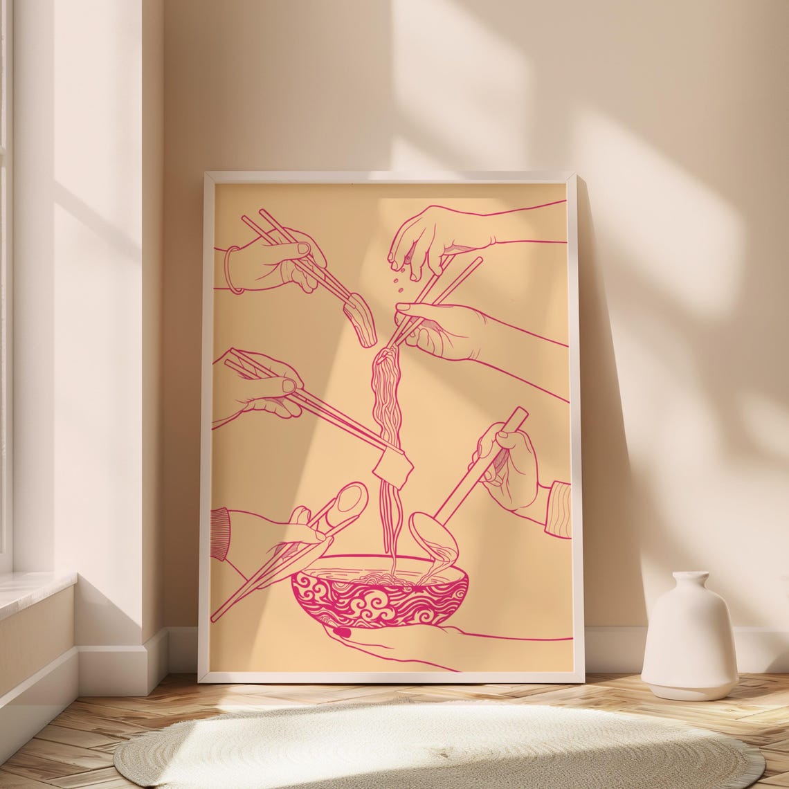 Hot Pink Line Art Shared Ramen Noodles Hands Bowl Illustration Poster