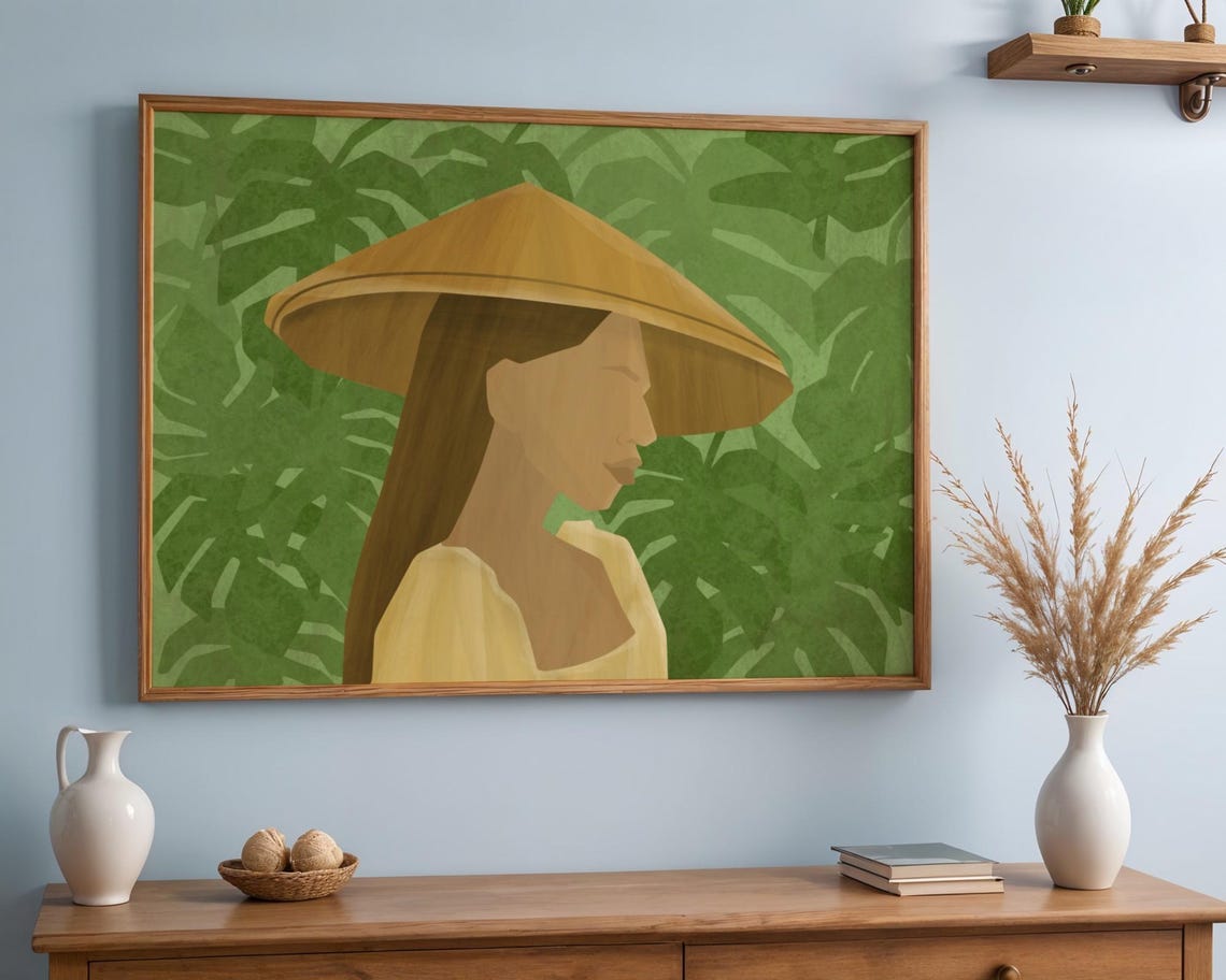 Filipina in Straw Hat Tropical Leaf Green Portrait Art Print