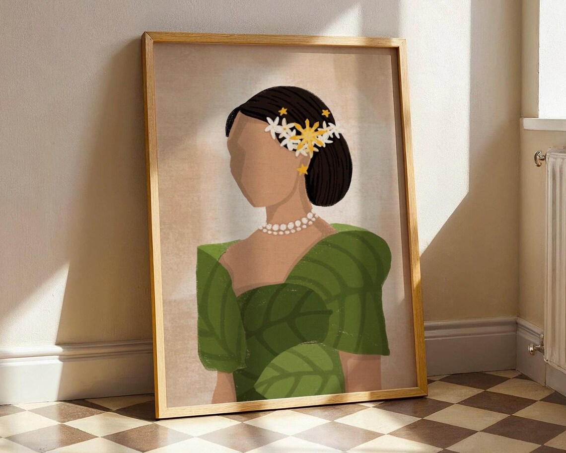 Filipina Woman Sampaguita Flowers Green Dress Cultural Beauty Poster Art