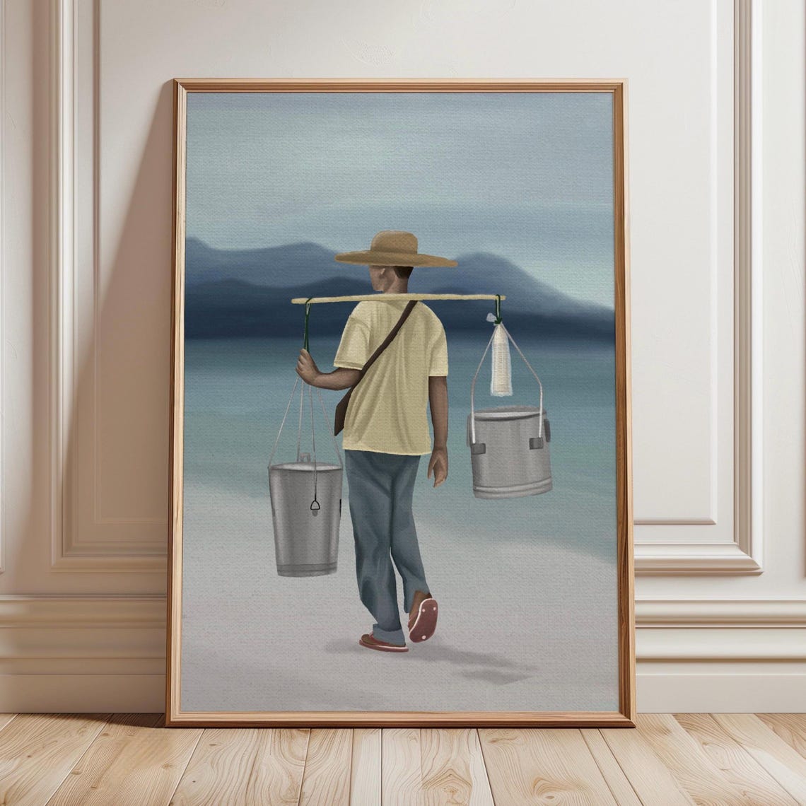Street Vendor Carrying Buckets Walking Seaside Painting Wall Art