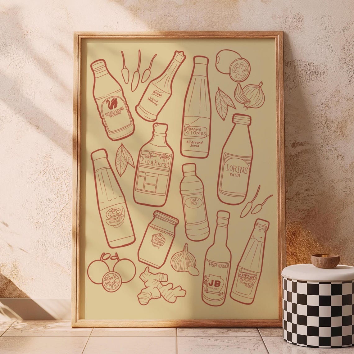 Filipino Condiments Red Line Art Minimal Pantry Kitchen Poster