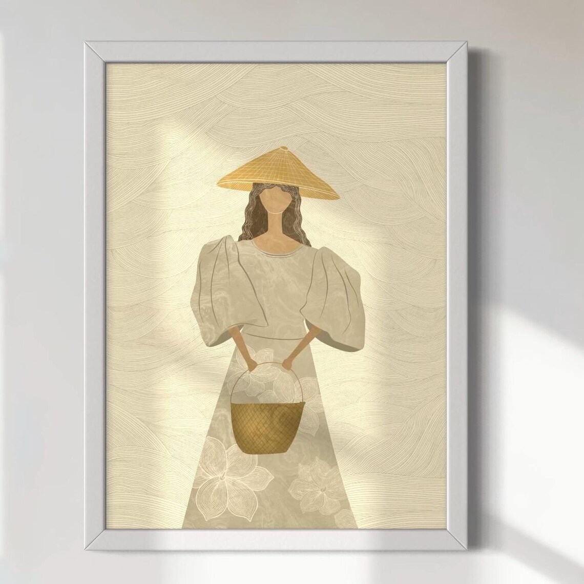 Filipina With Salakot Hat Holding Basket Faceless Minimalist Beige Poster