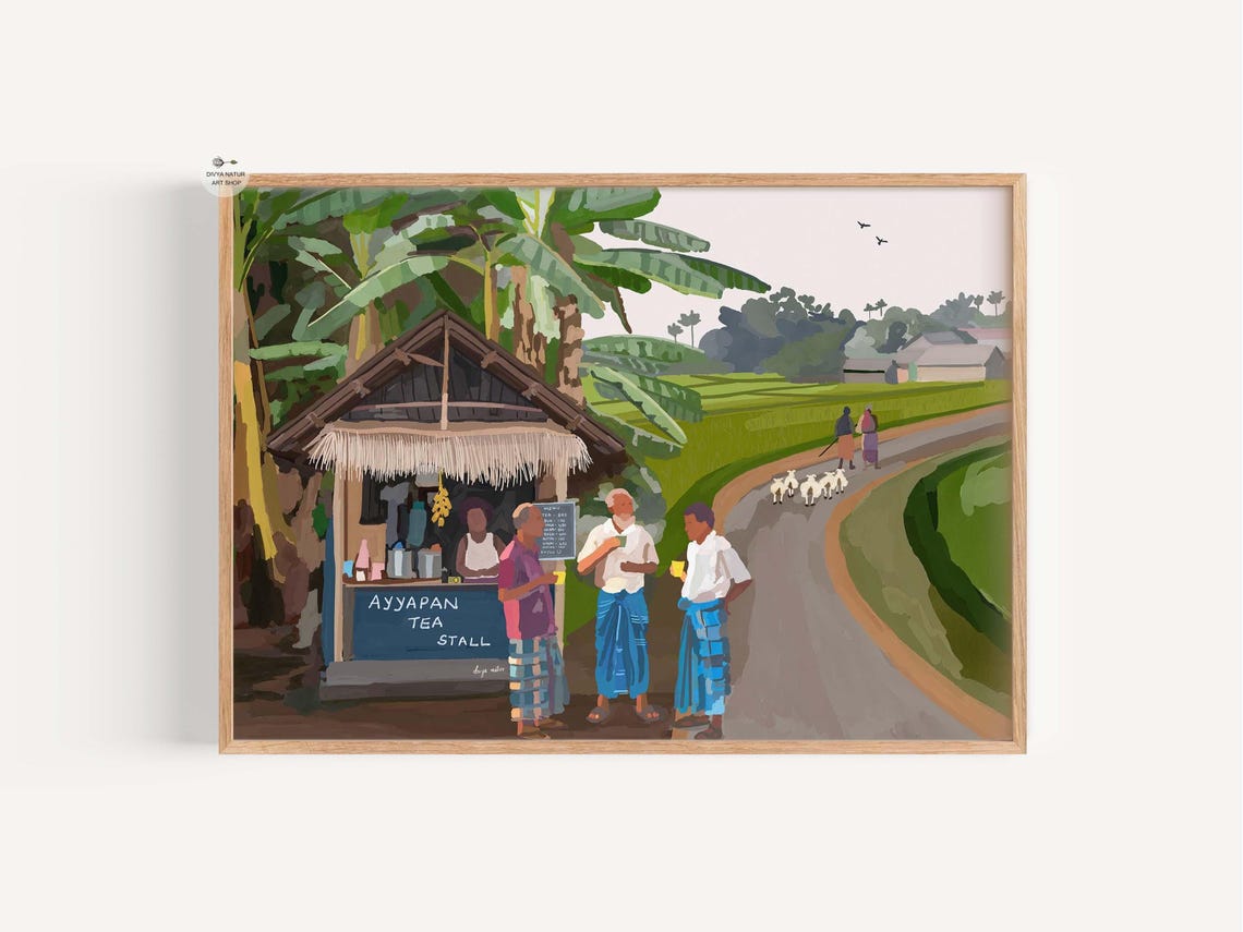 Ayyapan Tea Stall Kerala Village Chai Road Illustration Poster