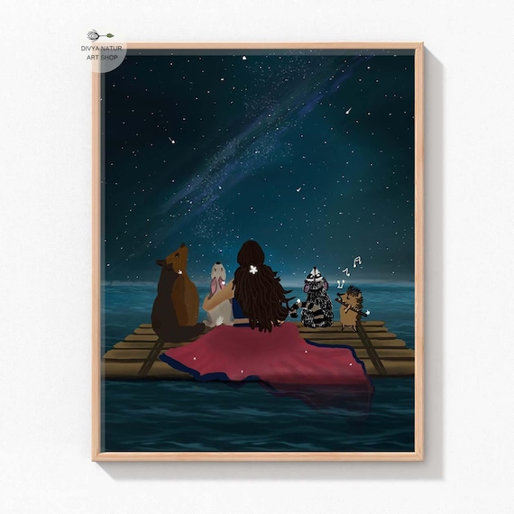 Star Gazing Animal Art Print Dreamy Night Sky Whimsical Artwork
