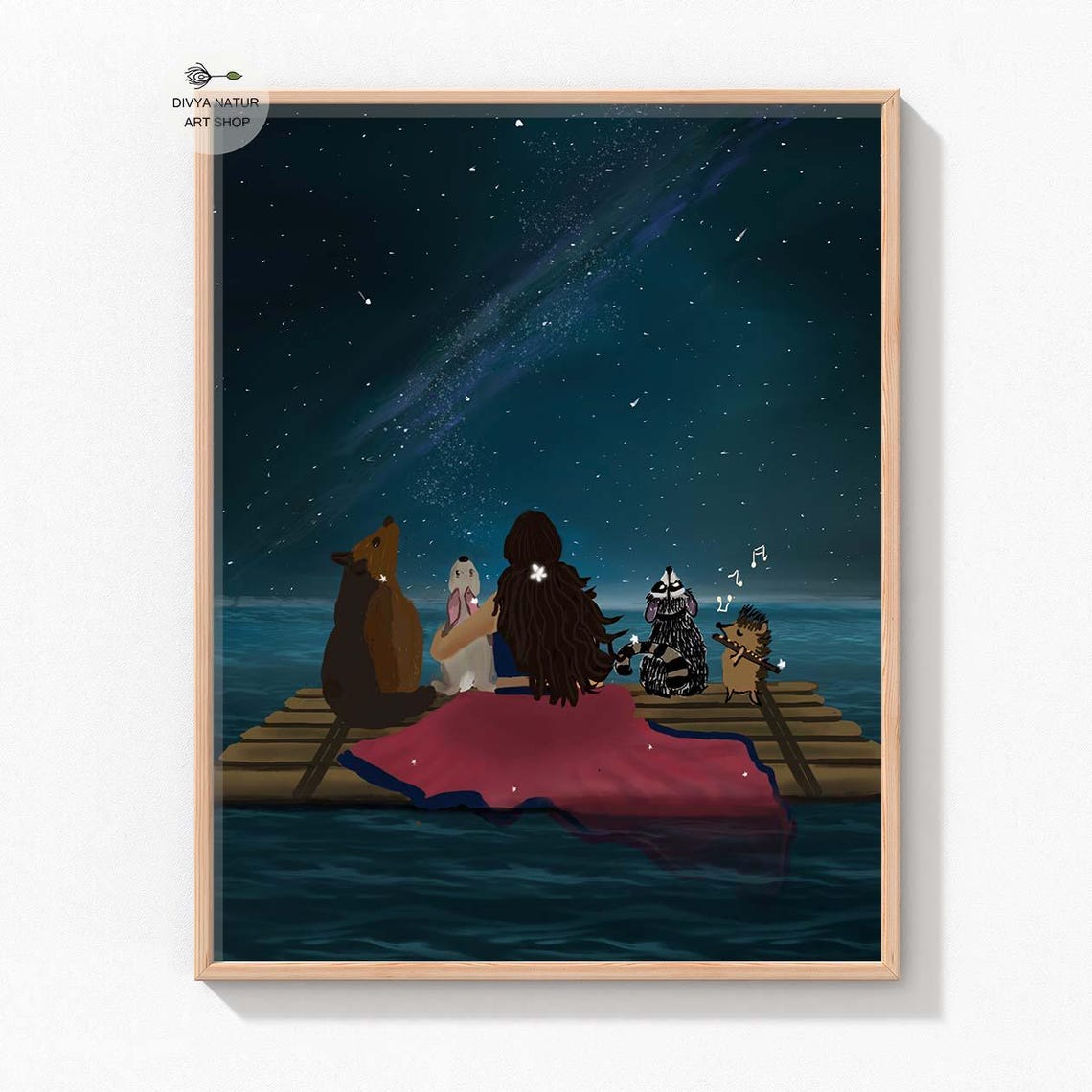 Star Gazing Animal Art Print Dreamy Night Sky Whimsical Artwork