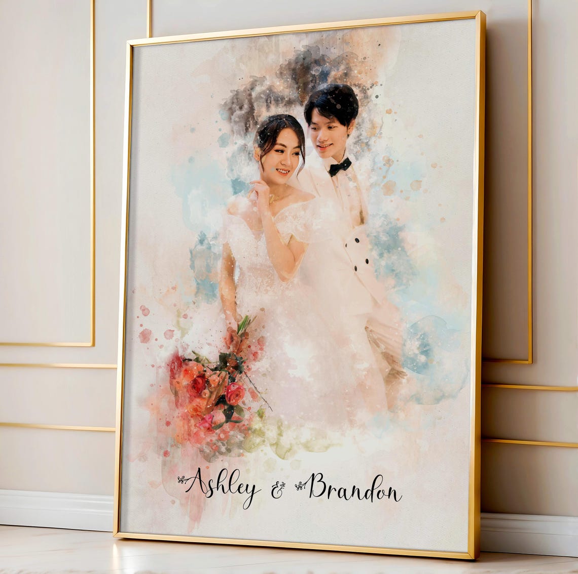 Kristen and Erick Wedding Watercolor Anniversary Portrait Poster - Image 2