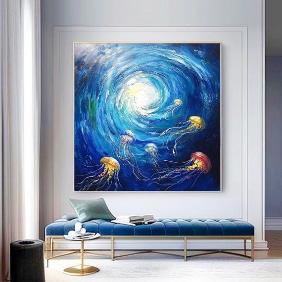 Hand Painted Abstract Oil Painting Ocean Star With Colorful Jellyfish Textured Layered Art For Living Room Entryway Dining Room