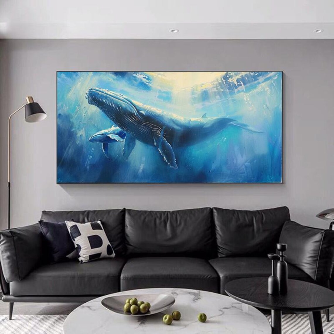 Abstract Blue Whale Ocean Art Print, Sunlit Oil Painting - Image 3