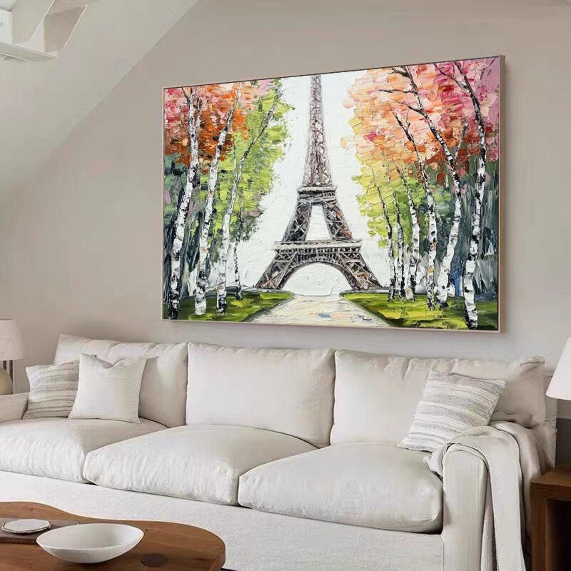 Hand Painted Landscape Oil Painting Eiffel Tower With Forest Abstract Art Wall Decor For Living Room Entryway Dining Room - Image 4