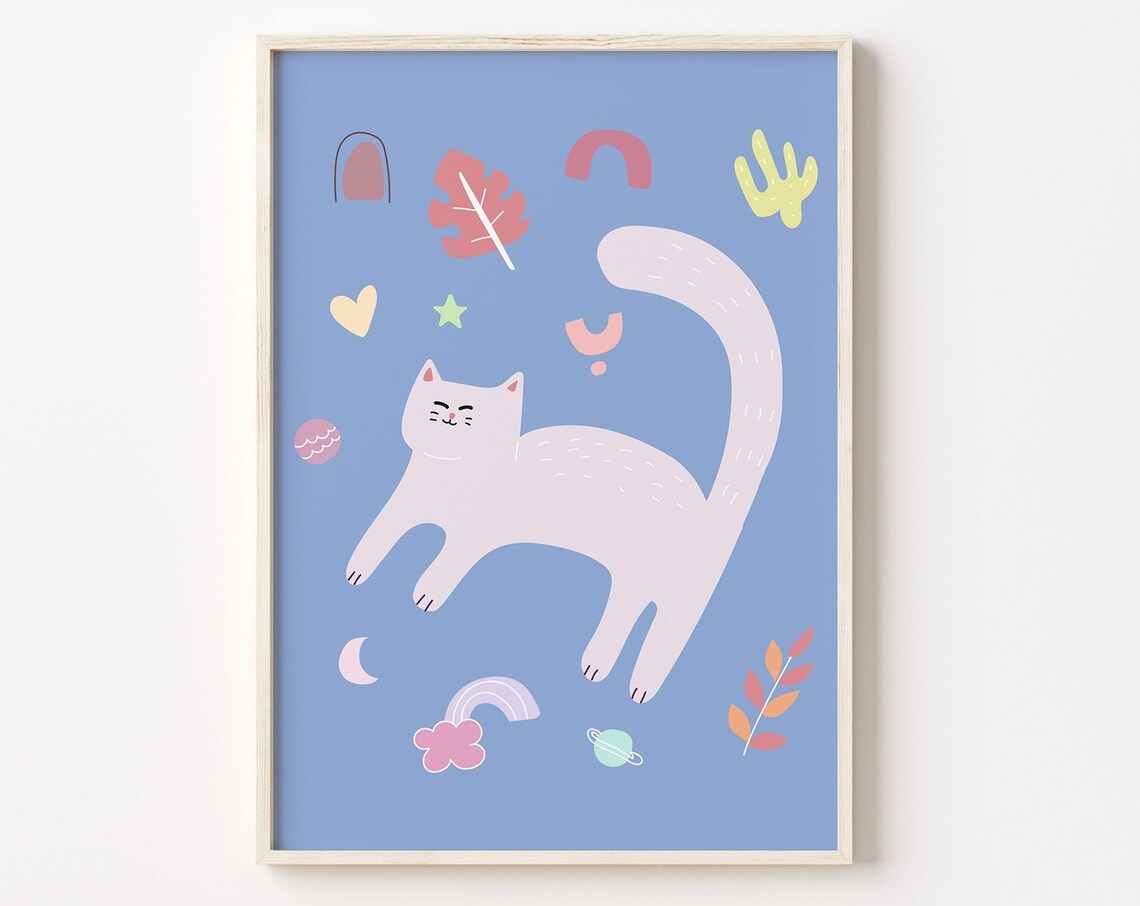 Cute White Cat Kids Room Art Blue Background Playful Nursery Poster