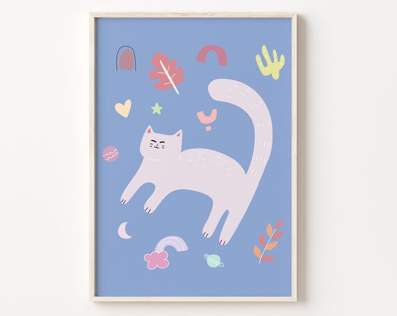 Cute White Cat Kids Room Art Blue Background Playful Nursery Poster