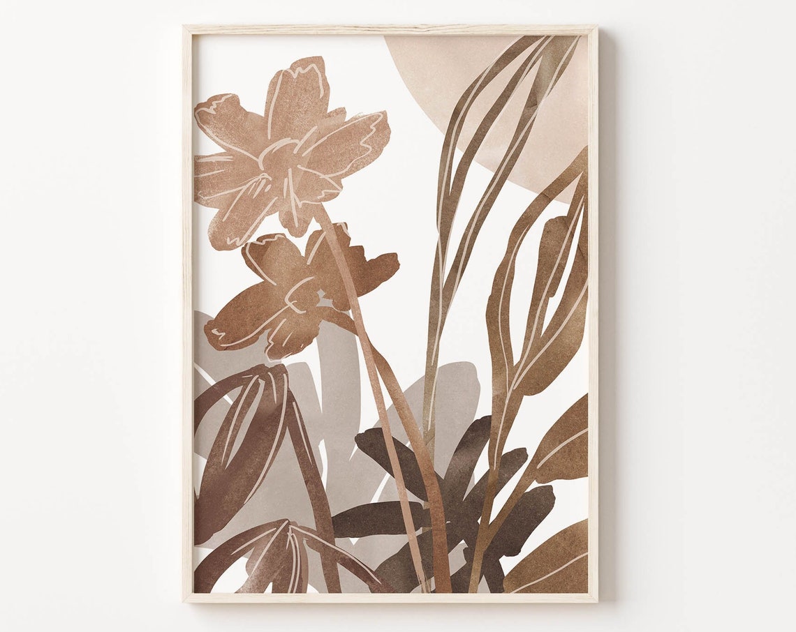 Beige Botanical Flower and Palm Leaf Tropical Wall Art Bedroom Decor