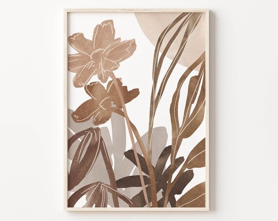 Beige Botanical Plant Print Tropical Flower Painting Nature Art Print Geometric Wall Art Abstract Art Print Minimalist Print