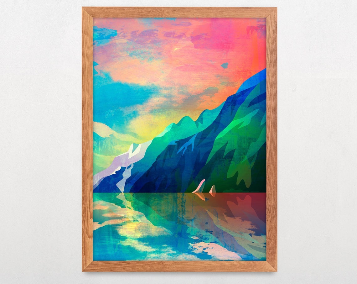 Sunset Lake Reflection with Colorful Mountains Landscape Poster - Image 2