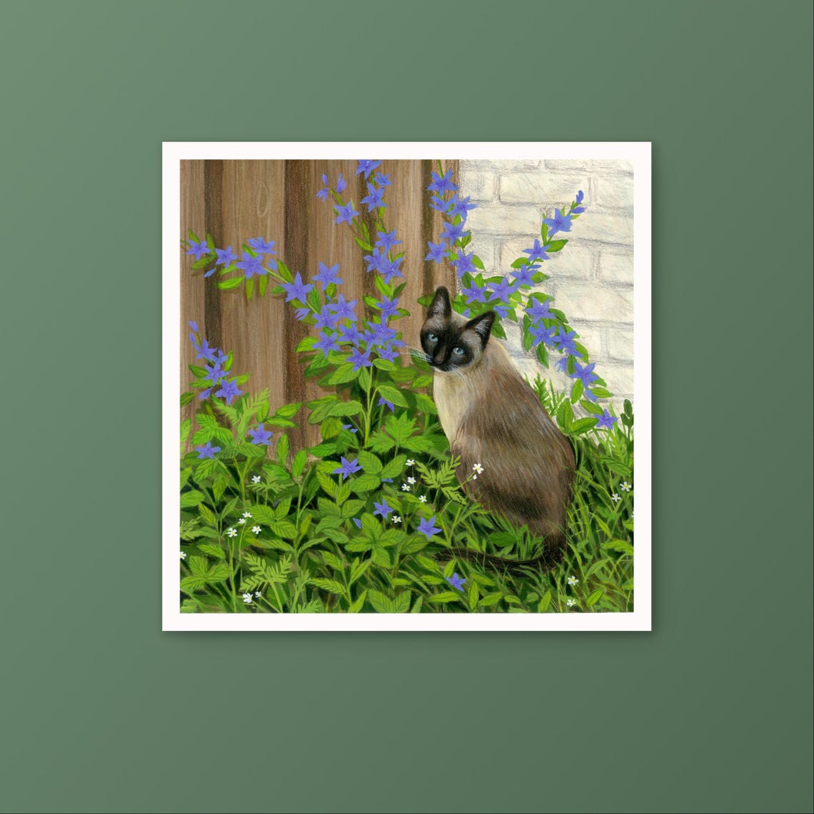 Siamese Cat in Overgrown Garden Blue Flowers Gouache Art Print - Image 3