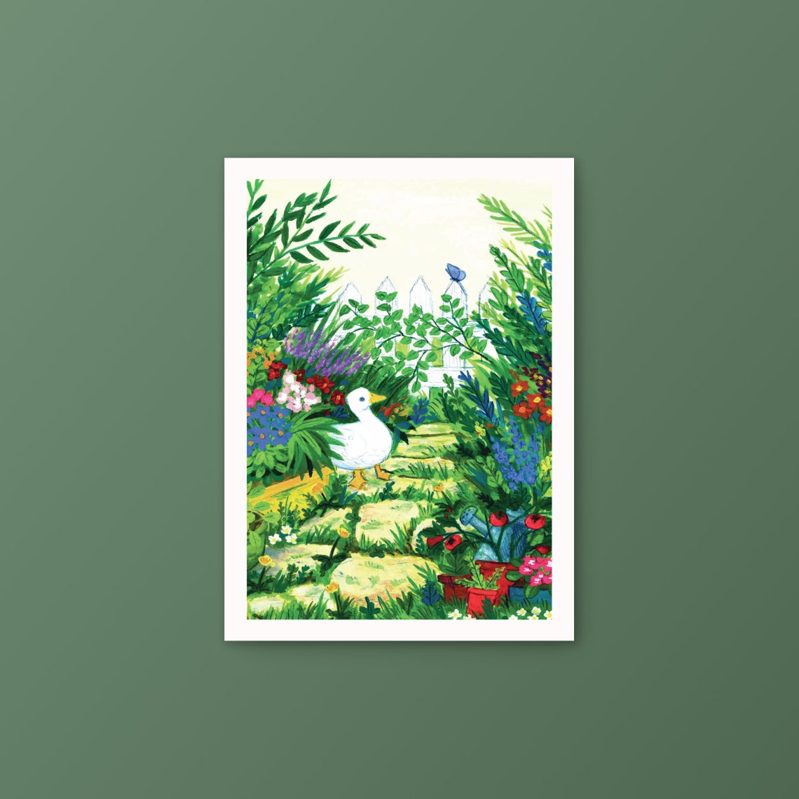 White Duck in Blooming Cottage Flower Garden Gouache Art Print - Image 3